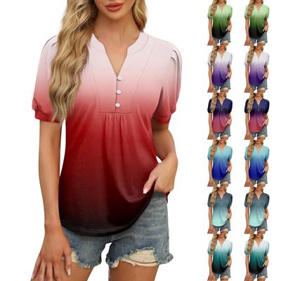 Γυναικείες Μπλούζες, Φουσκωτά Πουκάμισα με Κοντά Μανίκια, Καθημερινές Καλοκαιρινές Μπλούζες με V Λαιμόκοψη, Πλισέ Μπλούζες με Κουμπιά, Χιτώνας σε Χαλαρή Γραμμή
