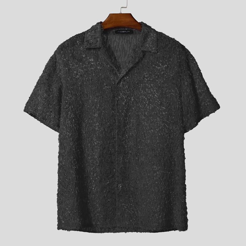 INCERUN Oversized Men Lapel Neck Short Sleeve Tassel Texture Casual Loose Shirts