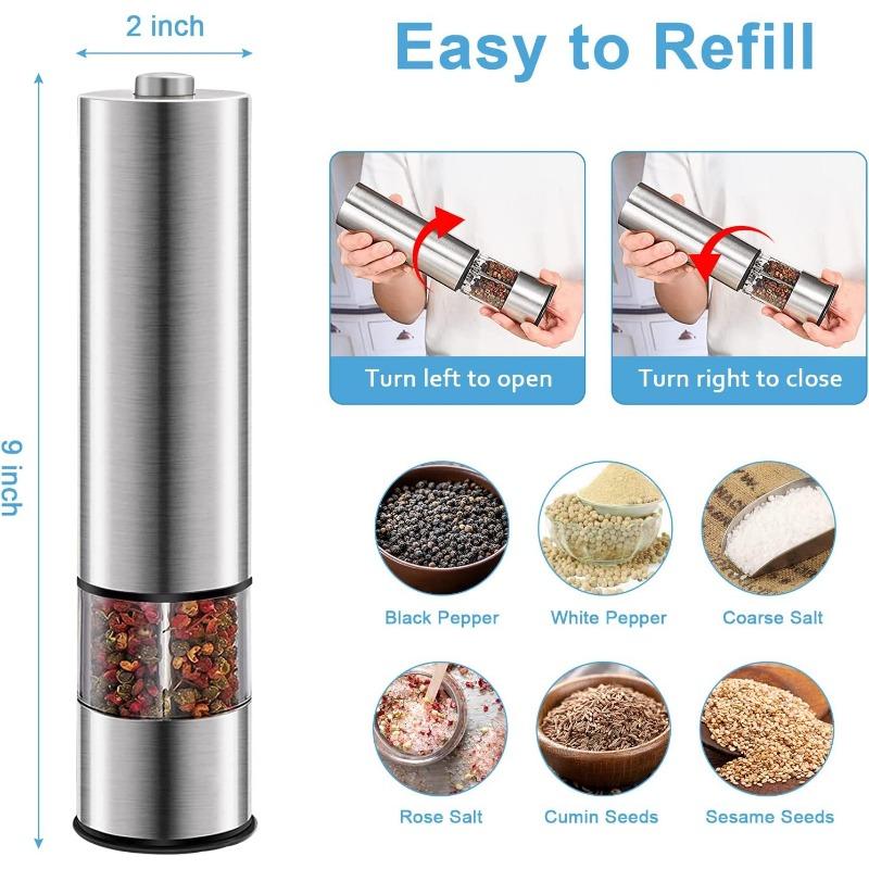 2pcs Electric Salt and Pepper Grinder Set, Automatic One Handed, Stainless Steel Grinders with Lights and Adjustable Coarseness