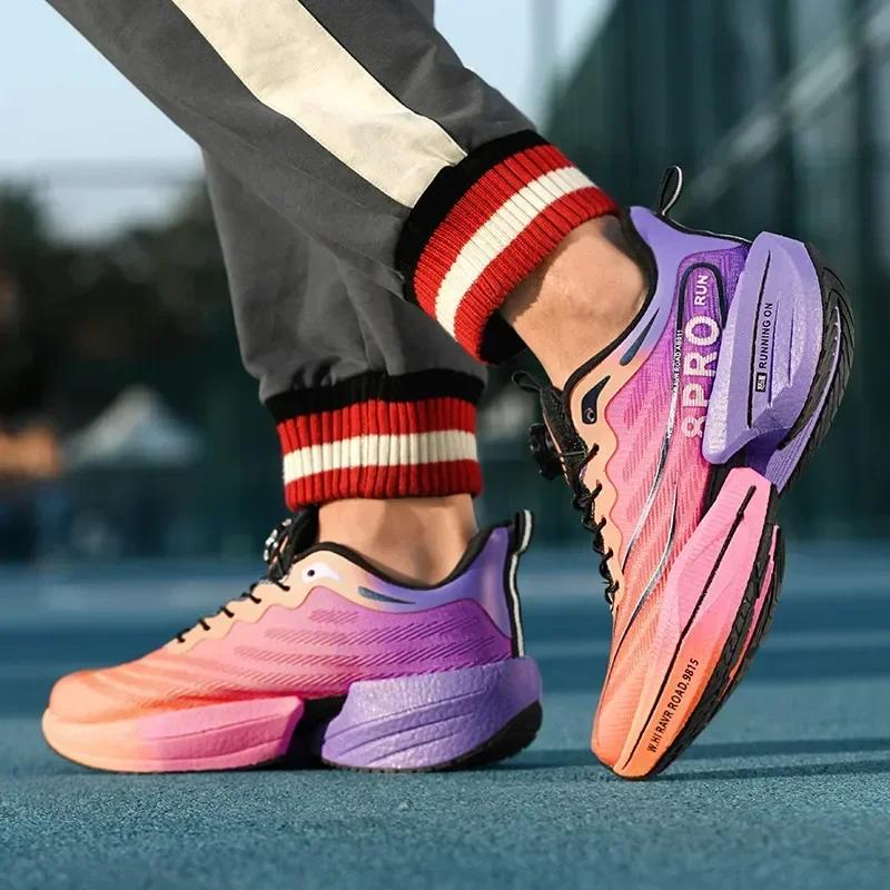 Marathon Carbon Plate Sports Running Shoes Men New Breathable Lightweight Mesh Sport Shoes Women Comfor Rotating Button Sneakers