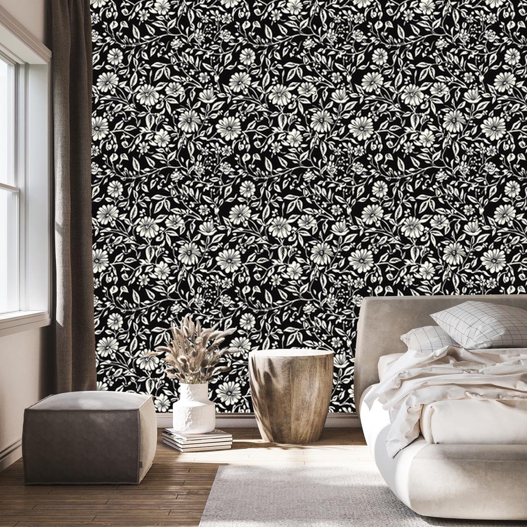 Wallpaper Black and White Flowers Graphite, Gray and Black 50x1000