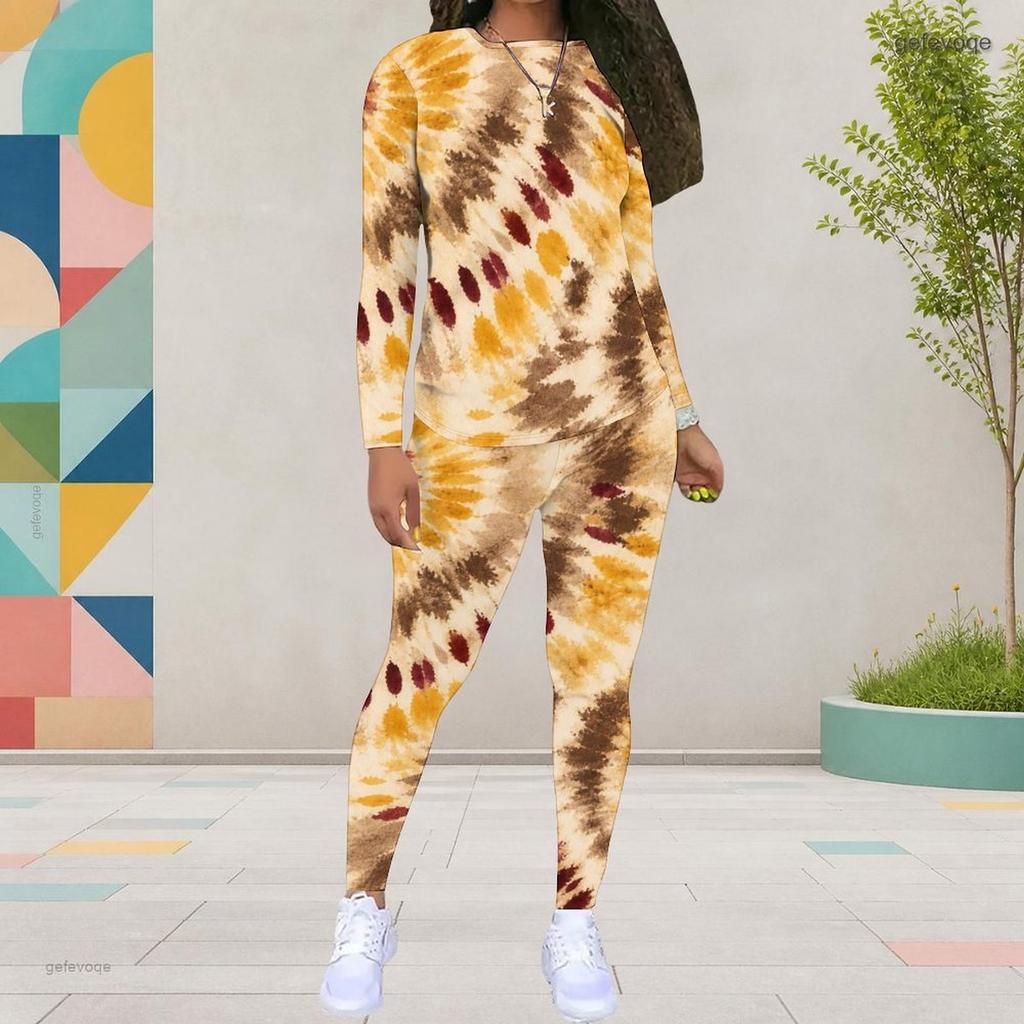 Women Plus Size Round Neck Long Sleeve Printed Top And Fitted Pants Two Piece Set