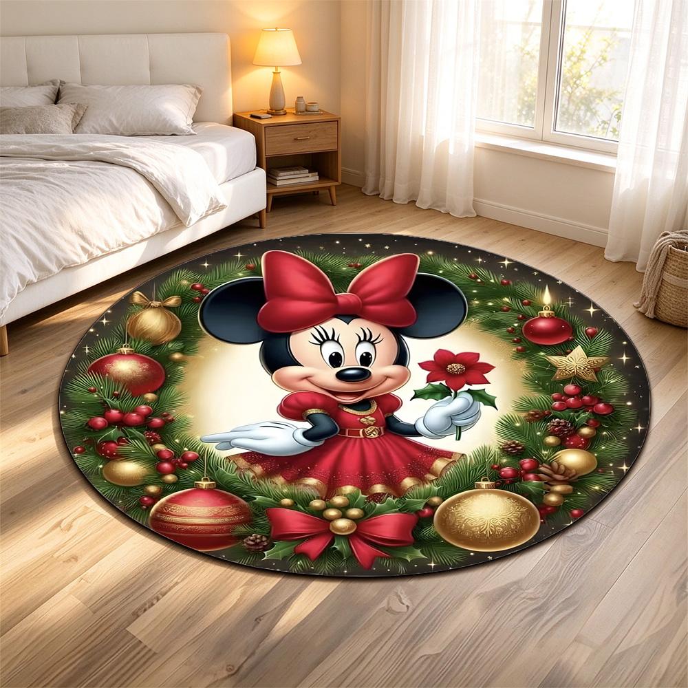Round Rug Minnie Mouse Red Dress Christmas Pine Wreath Ornaments Poinsettia Holiday Movie Fan Decor