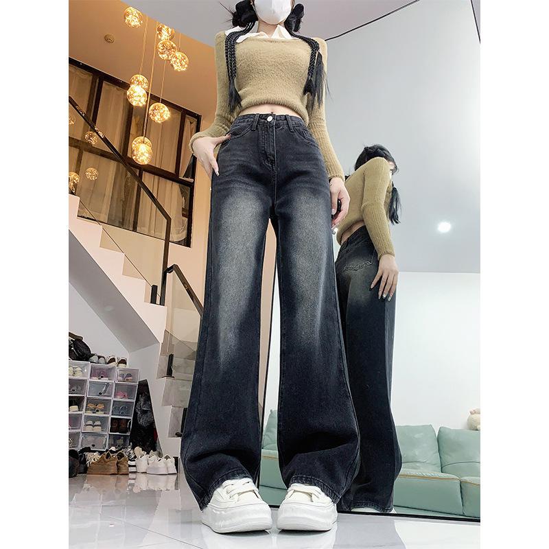 

Женские джинсы больших размеров с высокой посадкой, на флисовой подкладке, с широкими штанинами - Стройнящий ретро-стиль, прямые брюки в пол для зимы 2024. 3XL