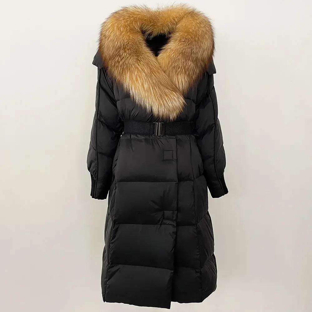 OFTBUY Winter Jacket Women Long Natural Real Raccoon Fox Fur Collar White Duck Down Coat Belt Thick Warm Casual Outerwear
