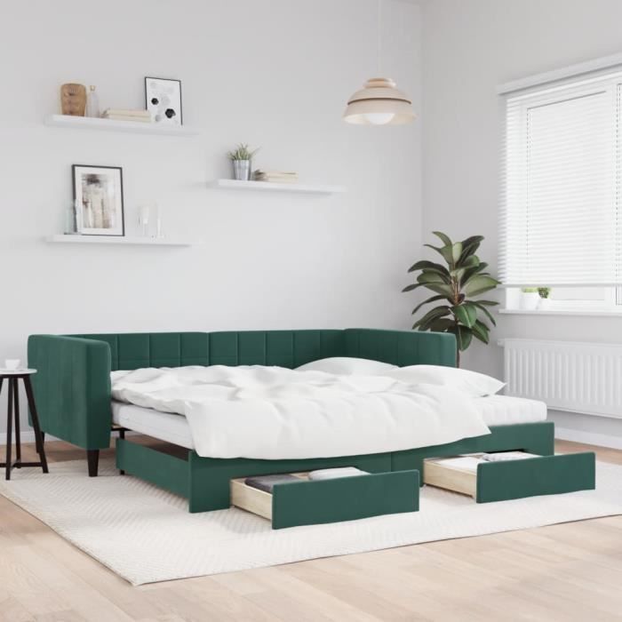 VidaXL Daybed and Trundle and Drawers Dark Green 100x200 Cm Velvet 3196772
