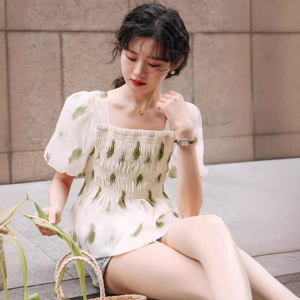 Summer short Spice Girl square collar coffee break light color new flared sleeves thin pullover French casual short-sleeved top women