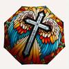 Stained Glass Angel Wings Cross Wall Art Decor Umbrella, Cute Umbrella with Cute Design, Portable 3-Fold Compact Umbrella for Men & Women, Valentine's