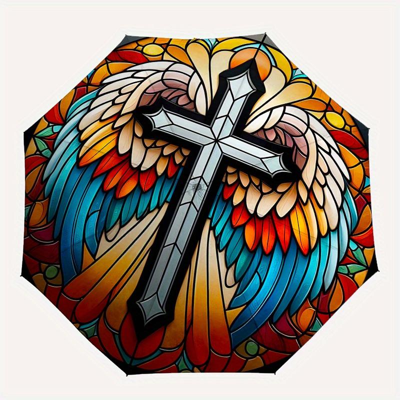 Stained Glass Angel Wings Cross Wall Art Decor Umbrella, Cute Umbrella with Cute Design, Portable 3-Fold Compact Umbrella for Men & Women, Valentine's