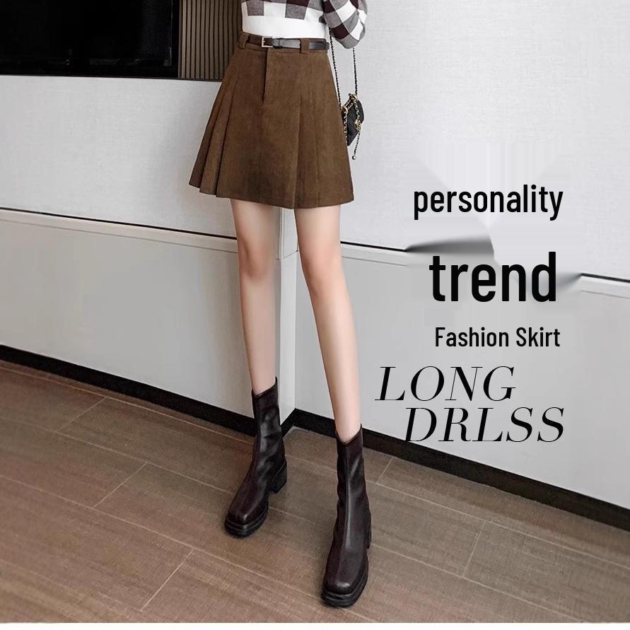 2024 Black High-Waisted Corduroy A-Line Pleated Mini Skirt - Retro Autumn Anti-Exposure Midi.