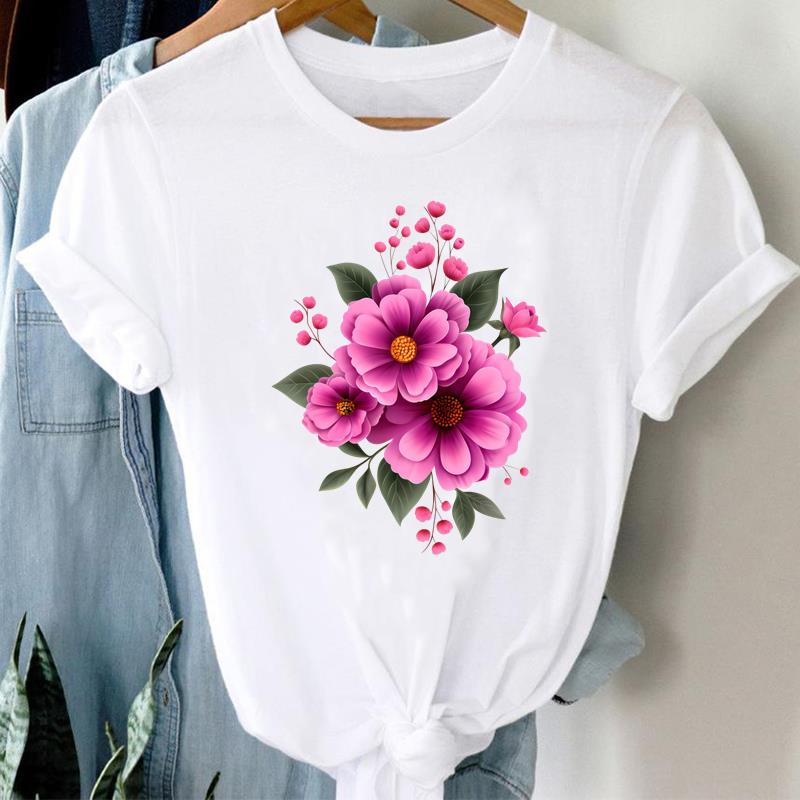 (Asian Size) Clothing Lady o-neck Short Sleeve T-shirts Printed Female flower trend Top Casual T Shirt Fashion Women Graphic Tee