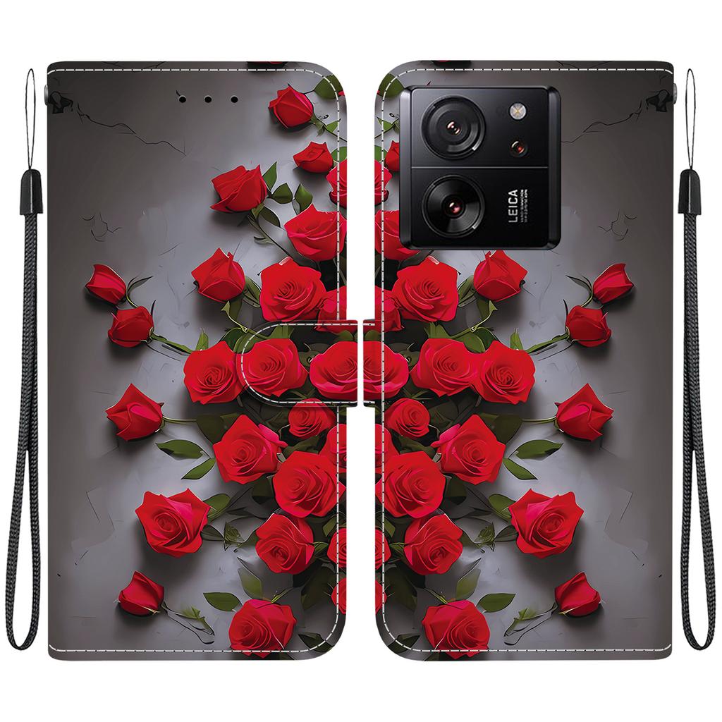 Handgefertigte PU-Leder-Flip-Hülle für Xiaomi 13T / 13T Pro Rutschfeste, stoßfeste Hülle mit Handschlaufe und Herz-/Rosen-/Katzen-Designs