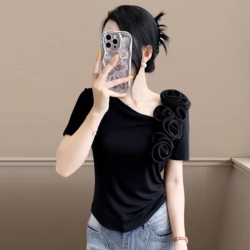 Summer New Women's Cotton T-shirts Short Sleeve Tops Trendy Elegant 3D Flower Designer Tees