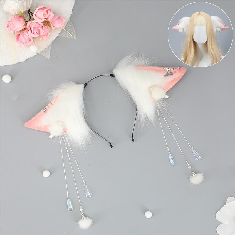 Handmade Faux Fur Fox Ears Headband With Tassels Cosplay Hanfu Costume Anime Convention Accessory