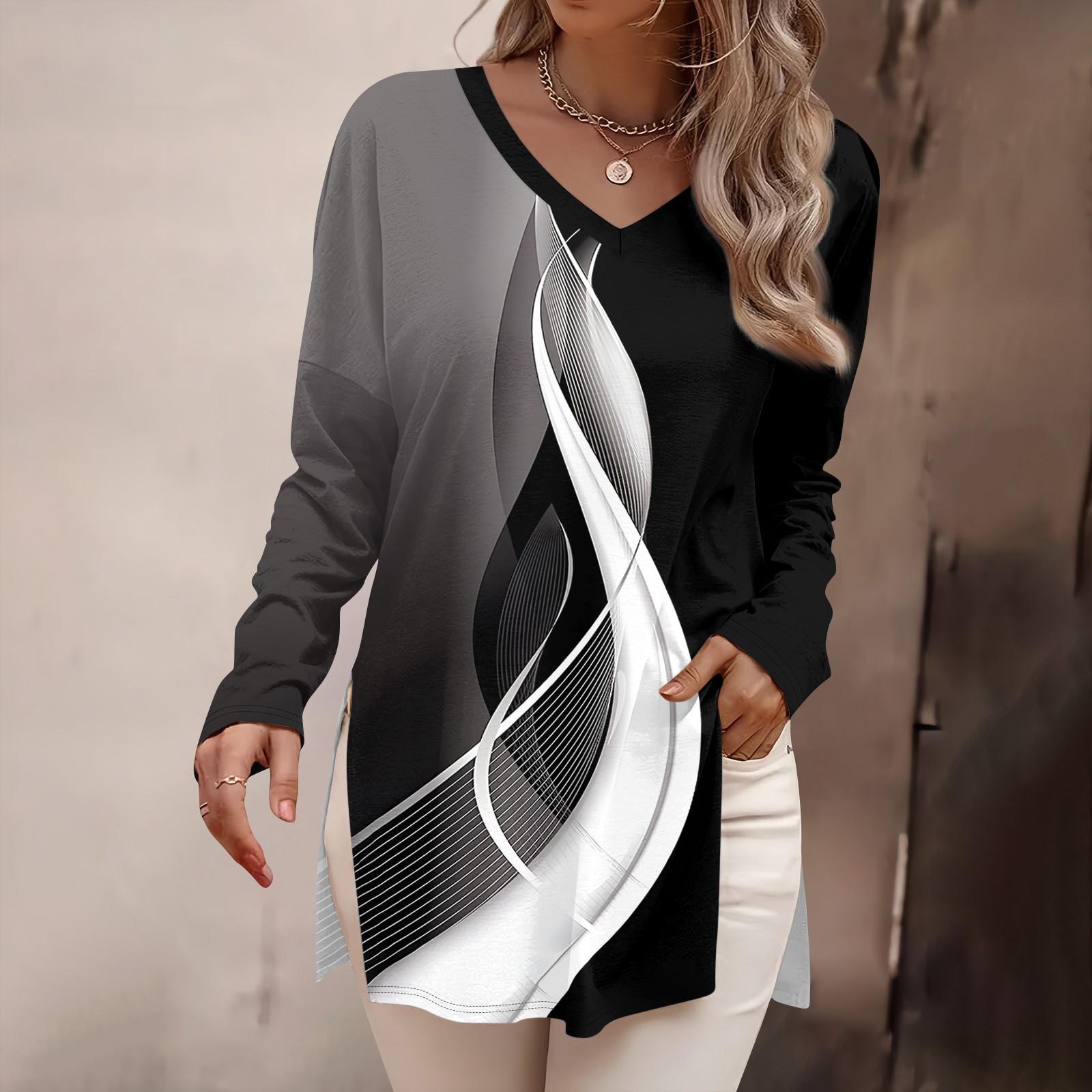 

Женская мода рубашки с длинным рукавом с принтом свободные облегающие V-образные вырезы базовые топы повседневные наряды XXL чёрный