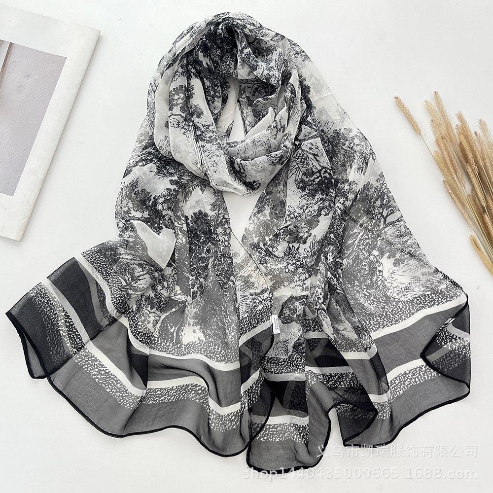 Neuer Sonnenschutz Langer Seidenschal Mohnblume Dünne Imitationsseide Frühling und Sommer Georgette Dekoration Damen Bedruckter Schal