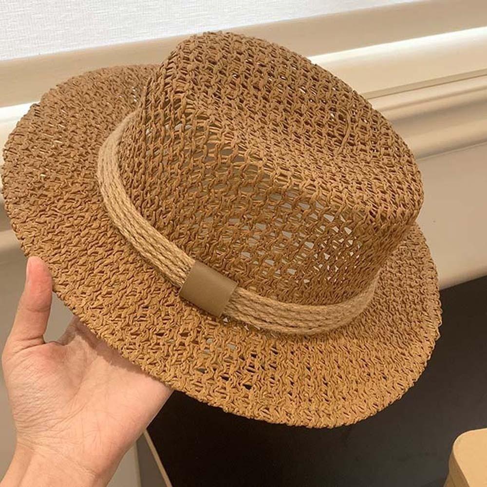 Lightweight Handwoven Sun Cap Breathable Mesh Flat Top Beach Hat Straw Boater Hat Beach Vacation