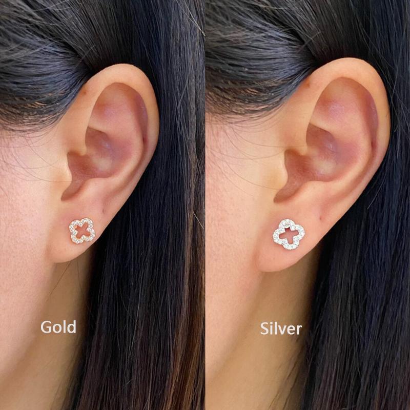 925 Sterling Silver Fine Jewelry Trendy Gold Plated Clover Stud Earrings Geometric Shiny Zircon Flower Screws Bead Piercing