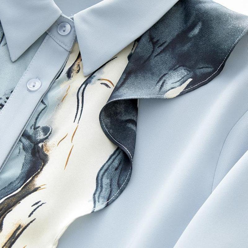 Women's Clothing Long Sleeve Printed Spliced Blouse Spring Autumn Elegant Commute Turn-down Collar Single-breasted Shirt