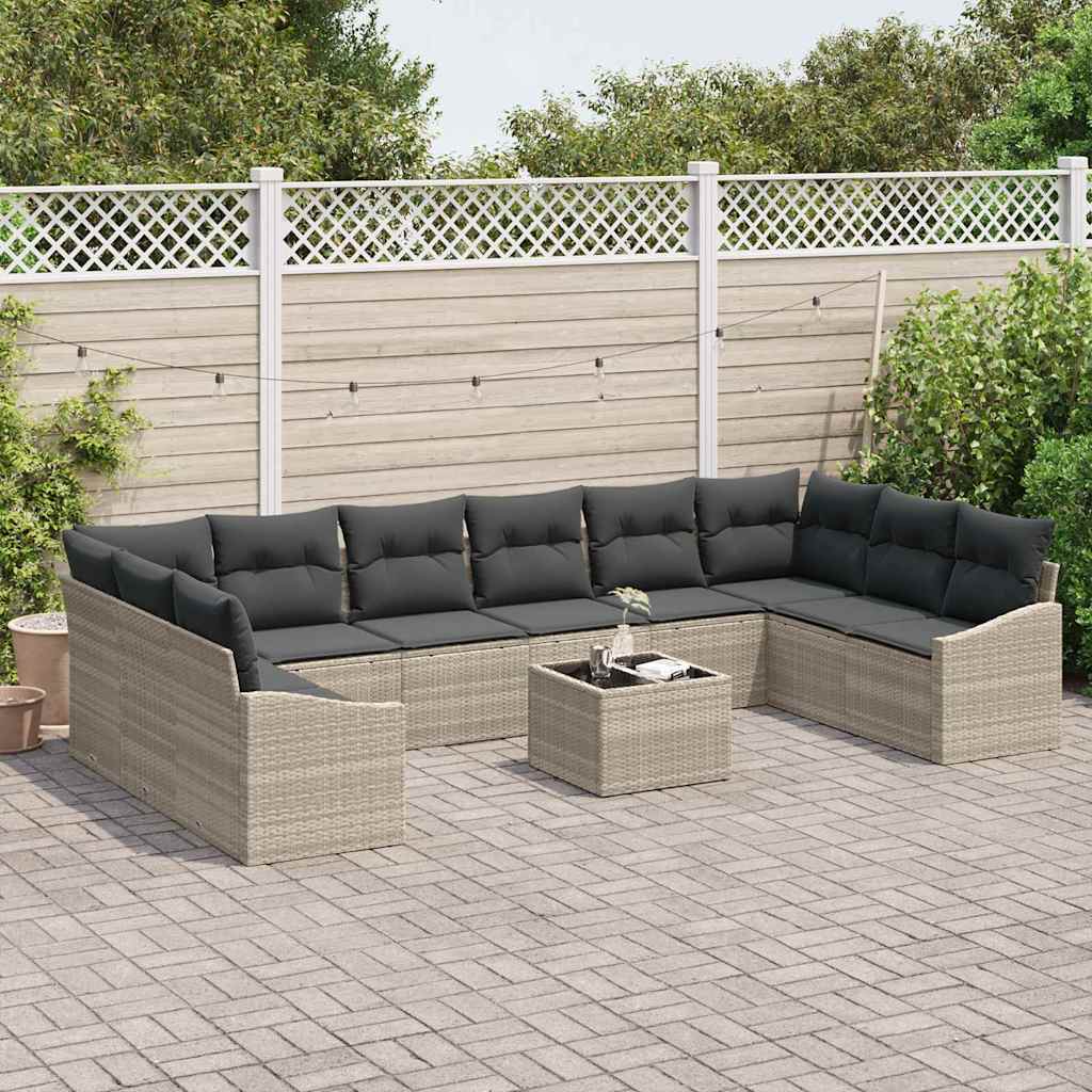 11 Piece Sofa Set with Cushions Light Grey Poly Rattan