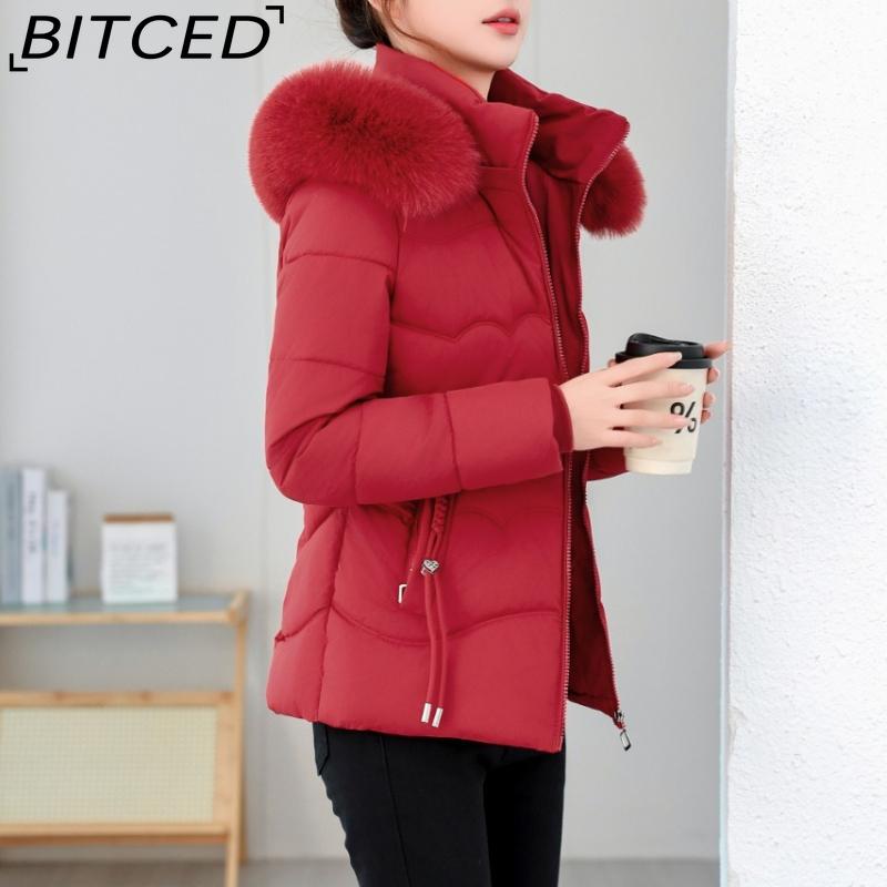 BITCED Winter Cotton Coat Slim-Fit Women's Short-Length Wool-Fur Collar Cotton Jacket Warm Cold-Resistant Cotton Coat