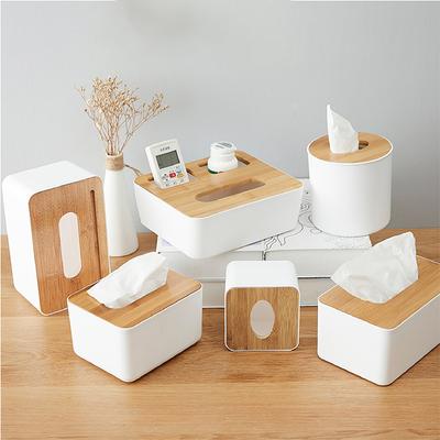 Scatola per fazzoletti di plastica Scatola per fazzoletti di bambù in legno Scatola porta fazzoletti per auto rotonda bianca per cucina Bagno Contenitore per tovaglioli di toilette