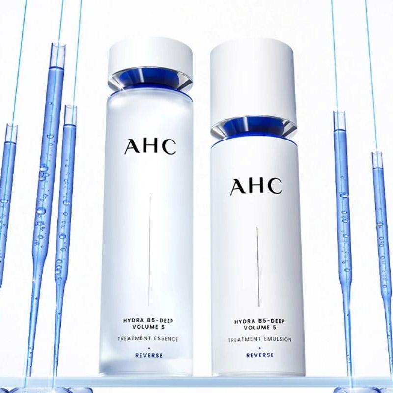 AHC Reverse Hydra B5 Deep Volume 5 Skincare Set,130ml Essence Water+100ml Emulsion+2 Boxes 5pcs B5 Repair Facial Mask Total 10 Sheets Hydrating Kit