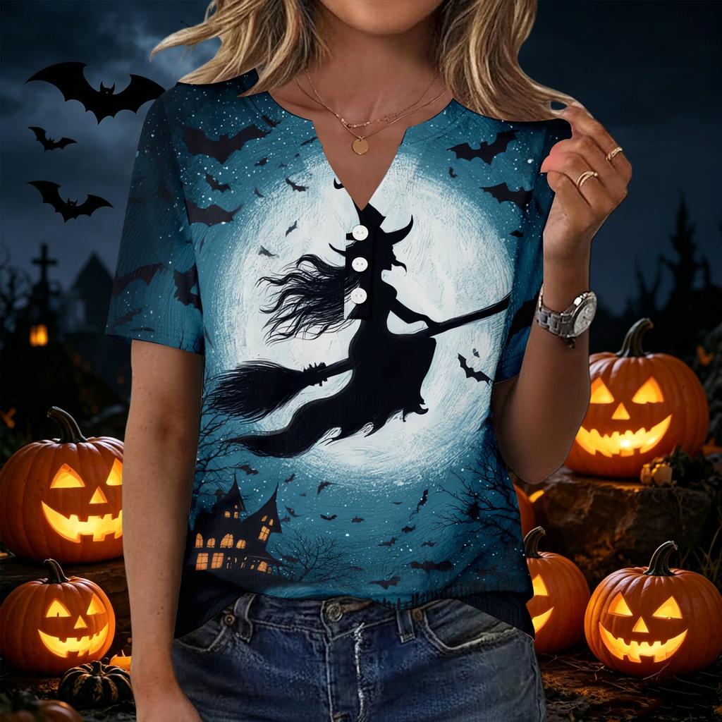 Women's Fashion Casual Halloween Print V Neck Short Sleeve Button T Shirt Top Suitable for Everyday Wear and Seasonal Events