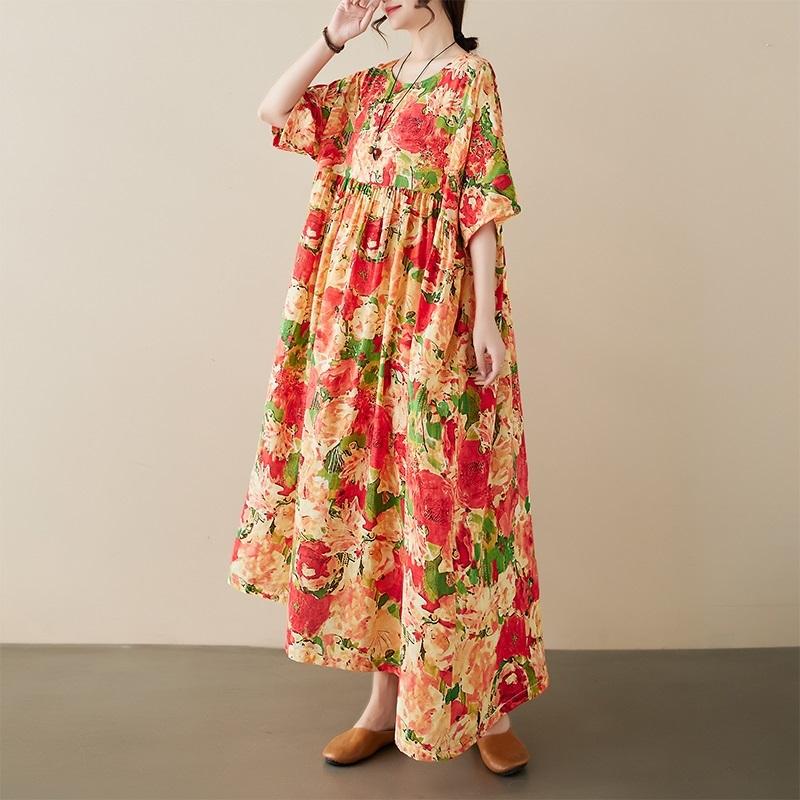 Short Sleeve Plus Size Cotton Vintage Floral New In Dresses for Women Casual Loose Long Summer Dress