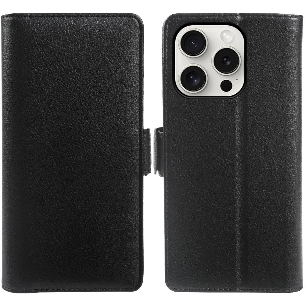 For iPhone 15 Pro Wallet Case with Dual Magnetic Clasp Litchi Textured Leather Flip Stand Phone Cover