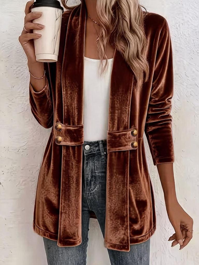 Women Velvet Blazer Open Front Lapel Collar Double Breasted Decor Long Sleeve Coat Multi Color