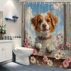 Large Waterproof Dog Floral Bathroom Shower Curtain Cute Puppy Cottagecore Style Farmhouse Pet Decorative Liner