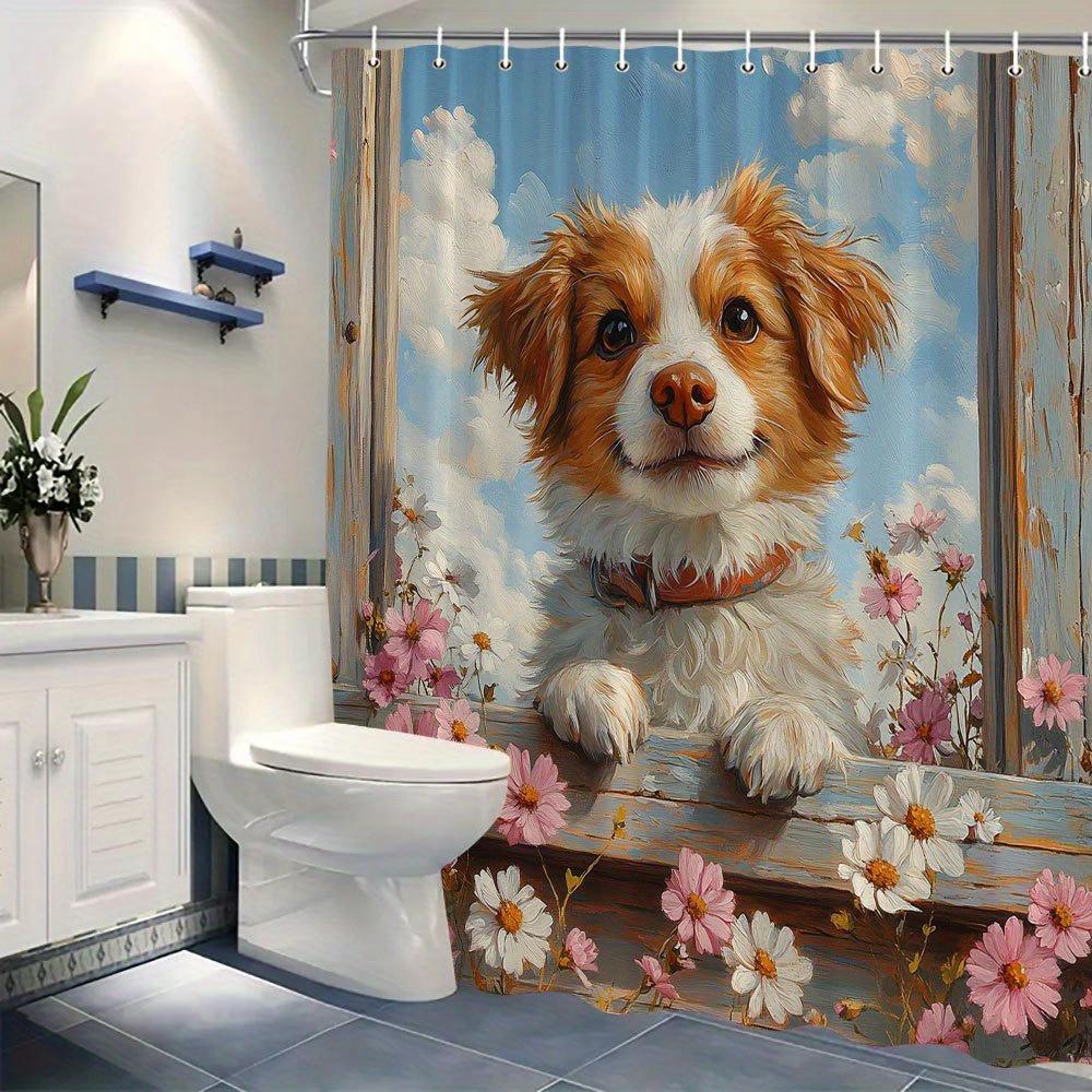 Large Waterproof Dog Floral Bathroom Shower Curtain Cute Puppy Cottagecore Style Farmhouse Pet Decorative Liner