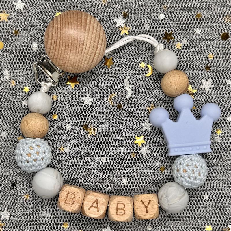 Individueller Personalisierter Name Handgefertigt Buchenholz Schnullerclip Halter Kette Silikon Krone Perle Beißring Baby Zahnen Geschenk