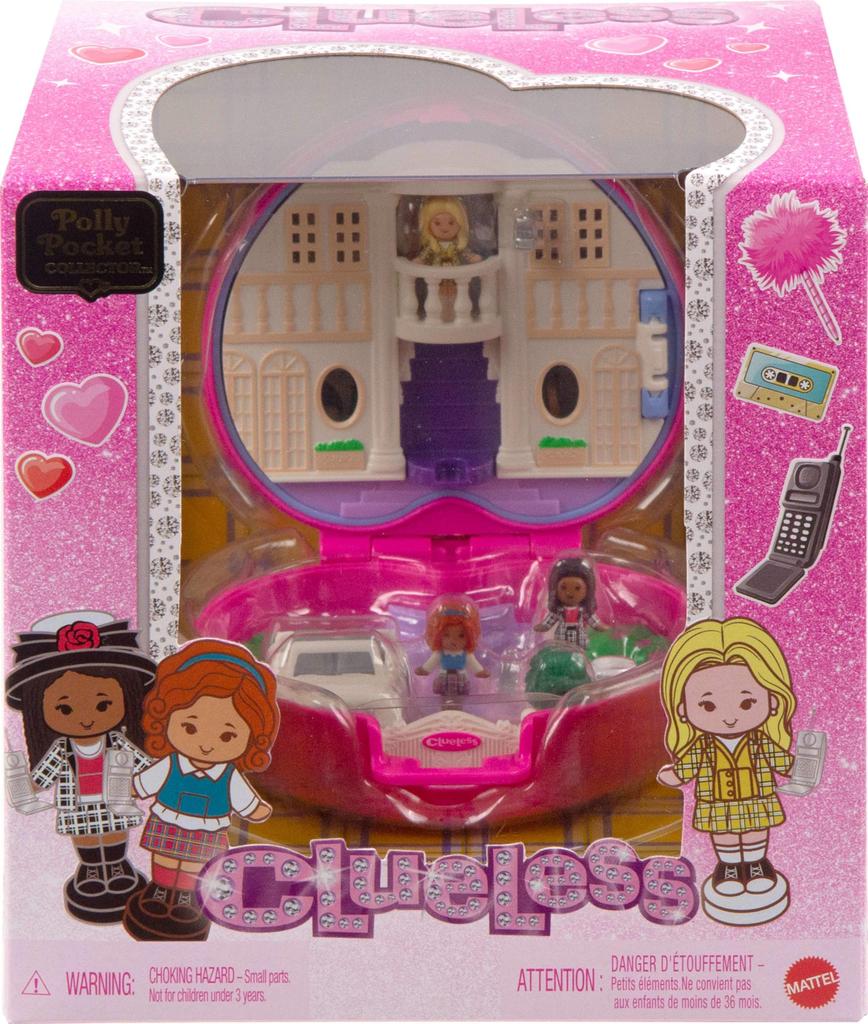 Polly Pocket x Clueless Collector Compact, Micro Doll and Playset, 5 Themed Accessory Toy Vehicles, Cher, Dionne, and Ty.