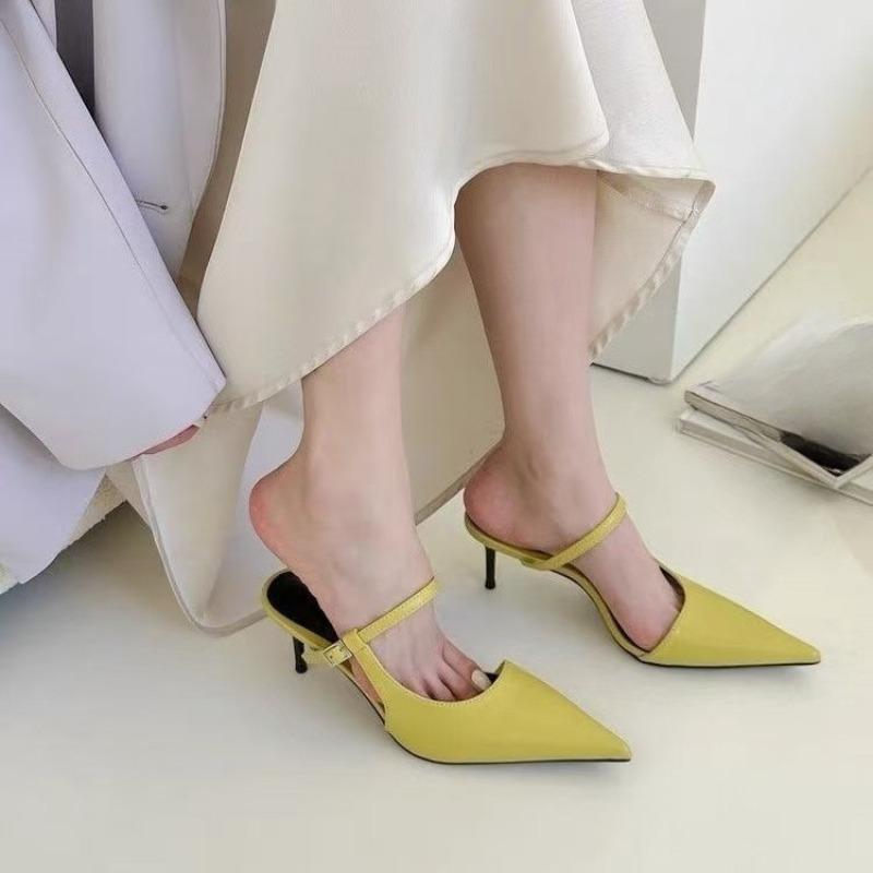 Temperament French Pointed Toe Shallow Mouth Slim Heel Slippers Women's New Summer Baotou One Strap Non-slip High Heels