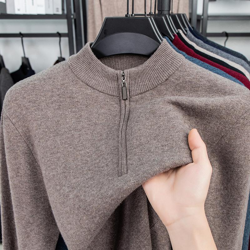 Solid Color 100 Wool Thickened Warm Half Zip Half Turtleneck Pullover Knit Sweater For Men