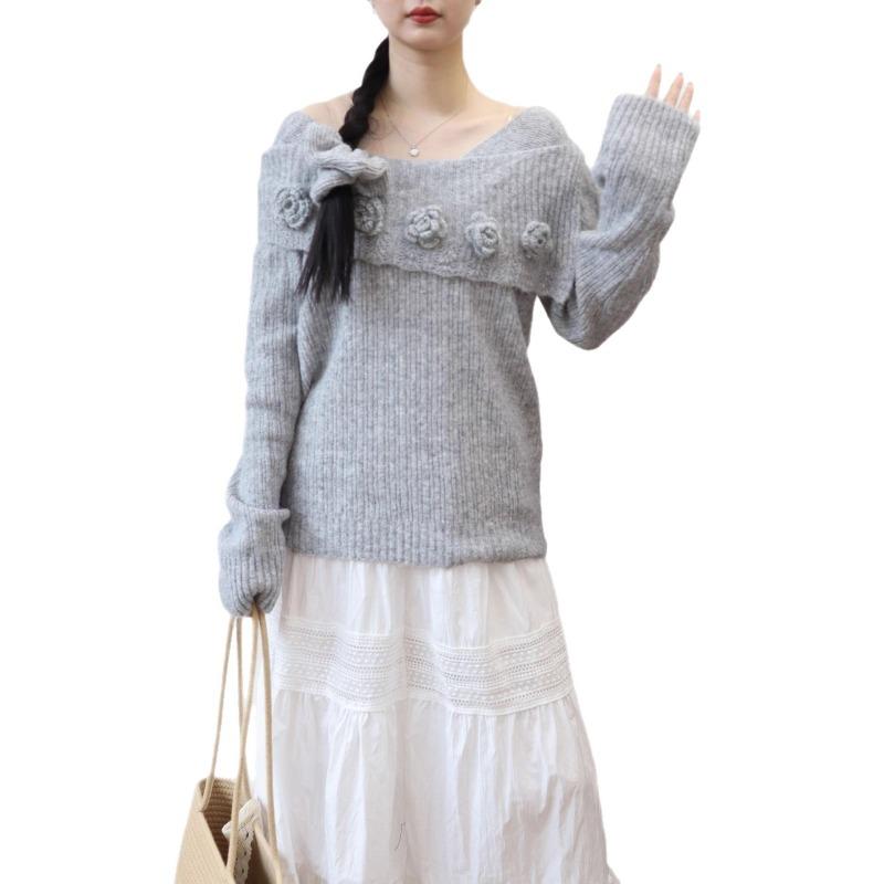 Autumn and winter new three-dimensional flower shoulder knitted sweater top temperament soft waxy sweater pullover woman
