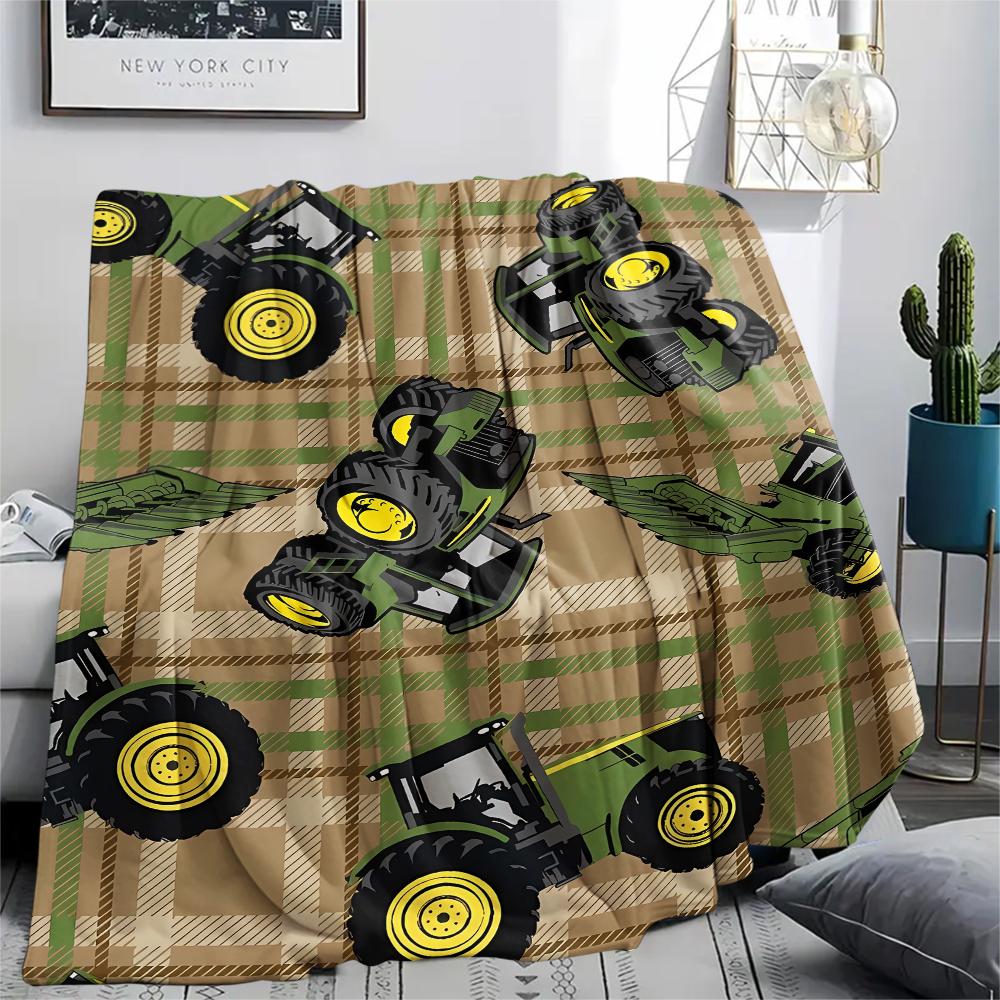 1Pc John Green Tractor Print Flannel Blanket, High Quality Comfortable for All Seasons, Home Decor, Warmth and Comfort, Perfect for Christmas Gifts
