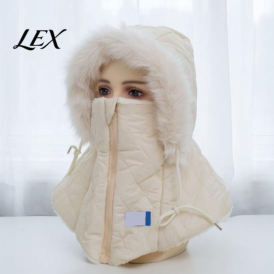 Cold Weather Gear for Women Winter Balaclava Hat, Quilted Face Mask Hood Zipper Closure, Fuzzy Trim, Warm Plush Trim Skiing Hat Fleece Lined,