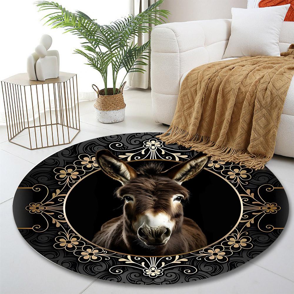 Elegant Donkey with Floral Frame Design Print Round Rug, Living Room, Bedroom, Playroom Carpet, Non Slip Floor Mat, Gift