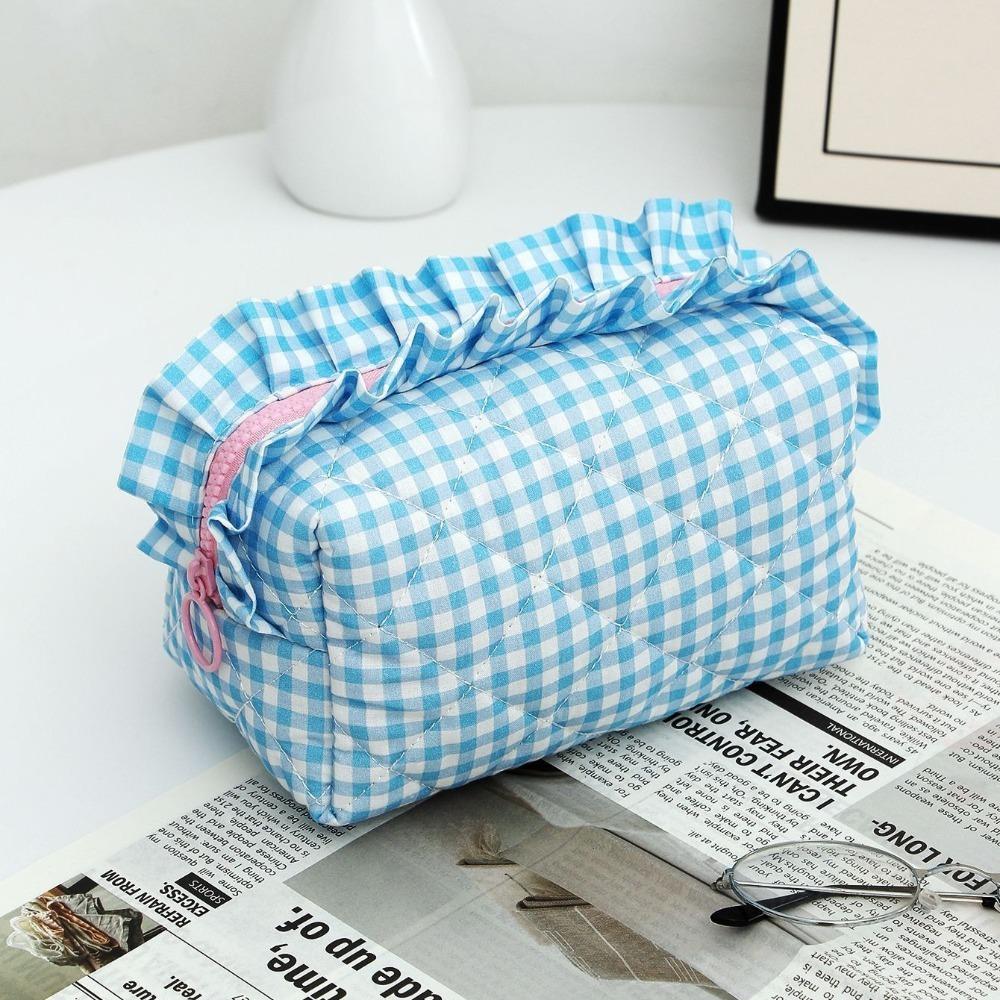 Portable Makeup Bag Plaid Pattern Quilted Design Makeup Brush Storage Bag Multifunctional with Zipper Travel Toiletry Bag