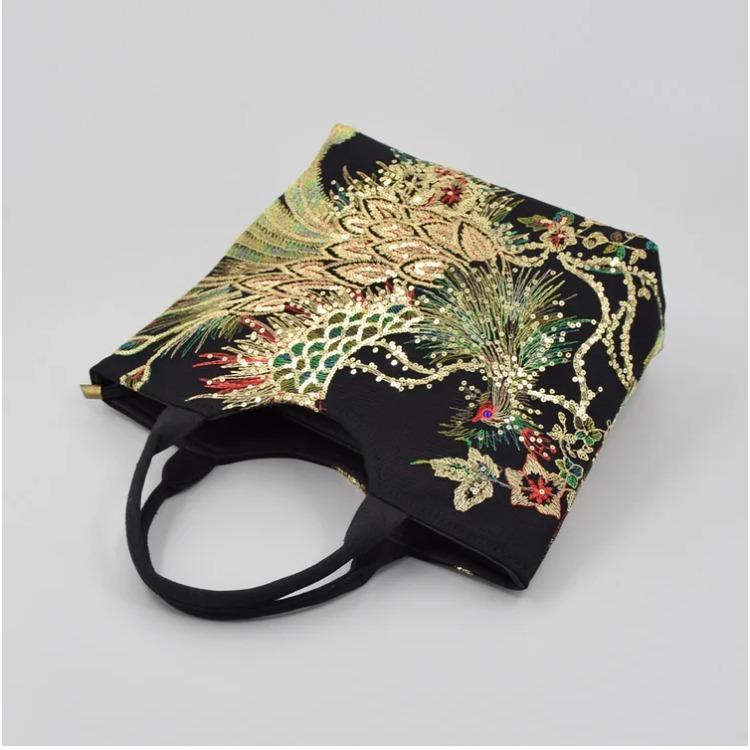 Handbag with sequin embroidery  Peacock Embroidery  Large Capacity Shoulder Bag  Elegant  Ethnic Canvas Style