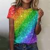 New Glitter Sparkling T-shirt Rainbow Color Printing Fashion T-shirt Short-sleeved Casual Beach Printing Top