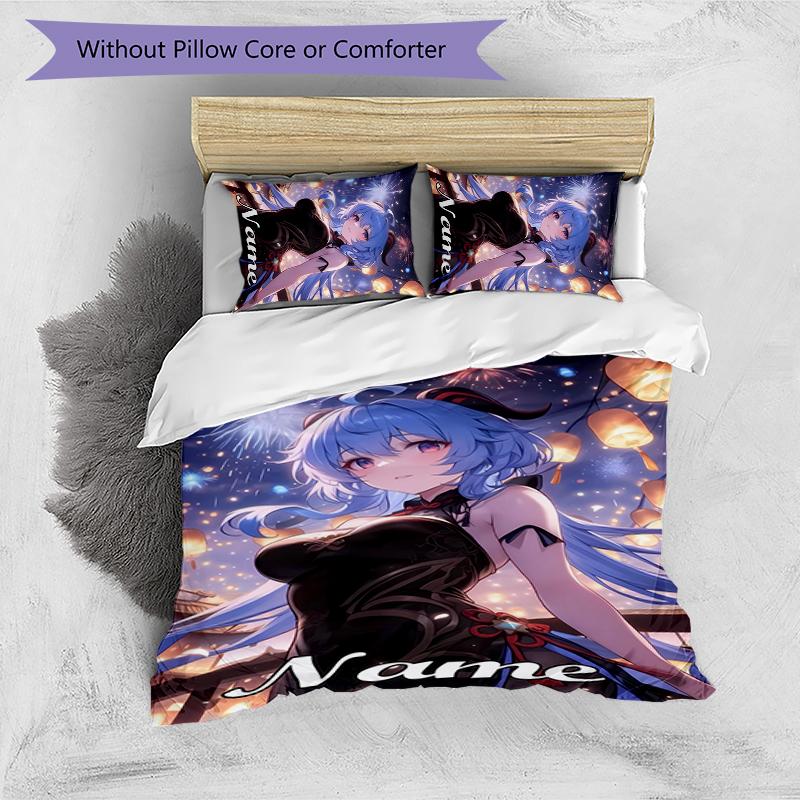 3pcs Custom Name Cartoon Genshin Impact Characters Bedding Set Duvet Cover Closure Includes 1 Duvet Cover & 2 Pillowcases for All Seasons Bedroom Deco