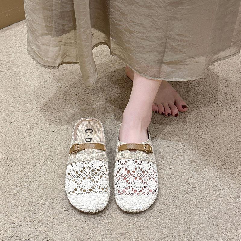 Baotou half slippers women's summer outer wear 2025 new with skirt linen breathable flat bottom one pedal cool slippers for pregnant women