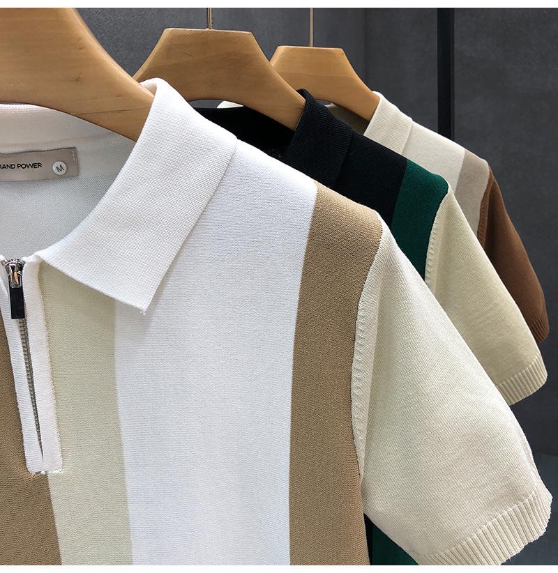 Men's Trendy British Color Block Stripe Ice Silk Polo Shirt
