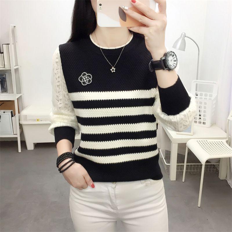 A New Versatile Striped Knitted Sweater with A Round-neck Lace Long-sleeved Top and A Unique Style