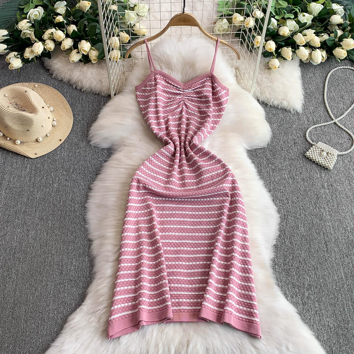 

Summer Women Casual Spaghetti Strap Knitted Sweater Striped Pullover Dresses For Girls One Size бежевий