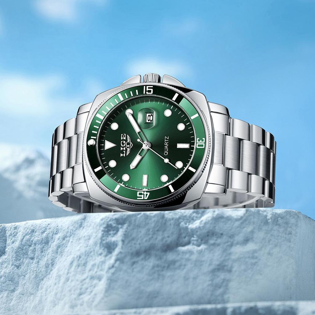 LIGE Modny Męski Zegarek Prosty Casualowy Całostalowy Luminescencyjny Wodoodporny Męski Zegarek Kwarcowy